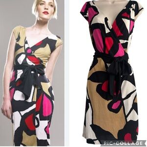 Abstract Print Wrap Dress in Pink, Red, Black & Cream